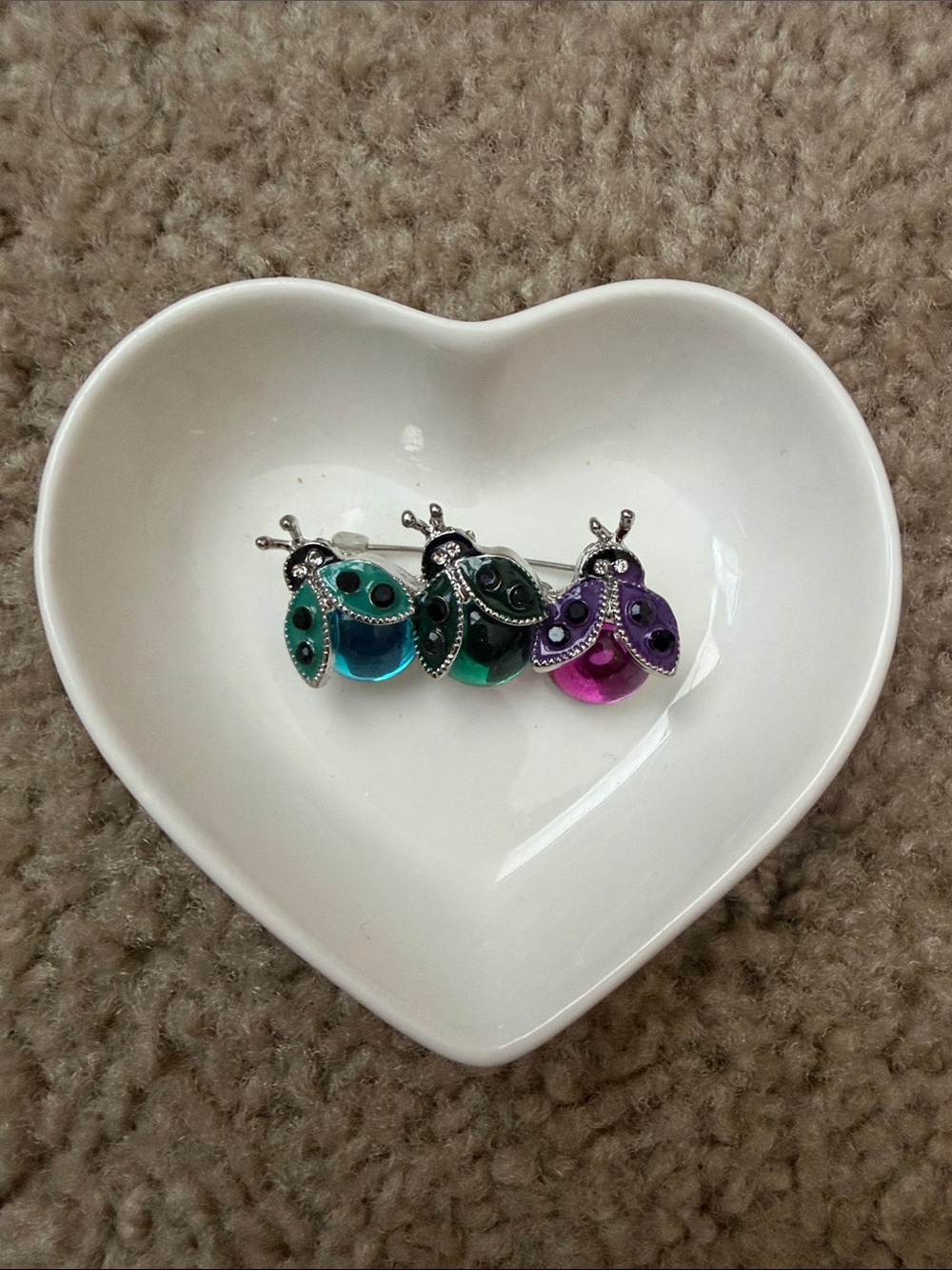 Silver-Tone Crystal Ladybug Brooch Set in Teal, Green, and Purple